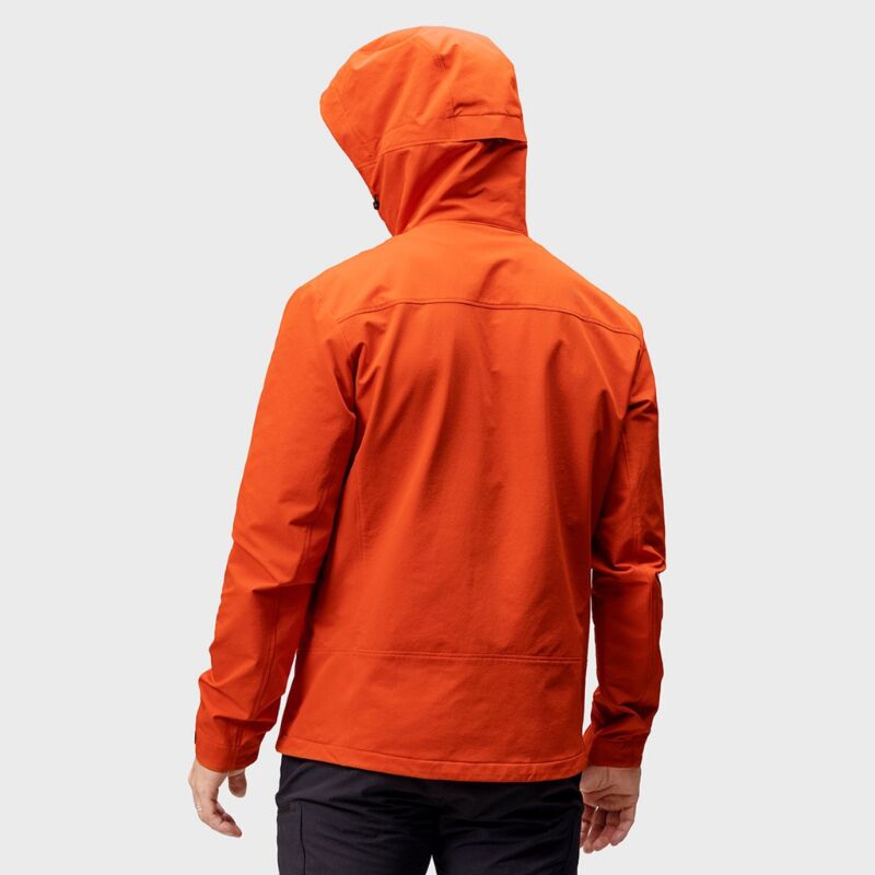 Mann in einer orangefarbenen Halti Pallas Evo Brushed X-Stretch Jacke für Herren, Rückansicht, vor einem schlichten hellen Hintergrund.