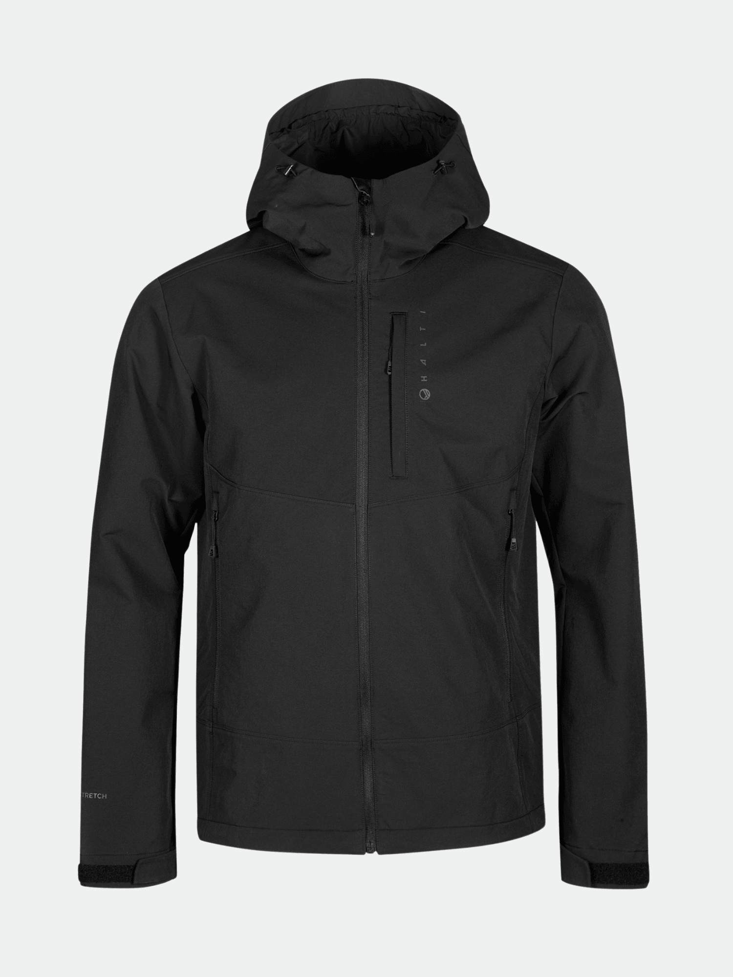 Halti Pallas Evo Brushed X-stretch Herrenjacke in Schwarz mit Frontreißverschluss und zwei Seitentaschen.