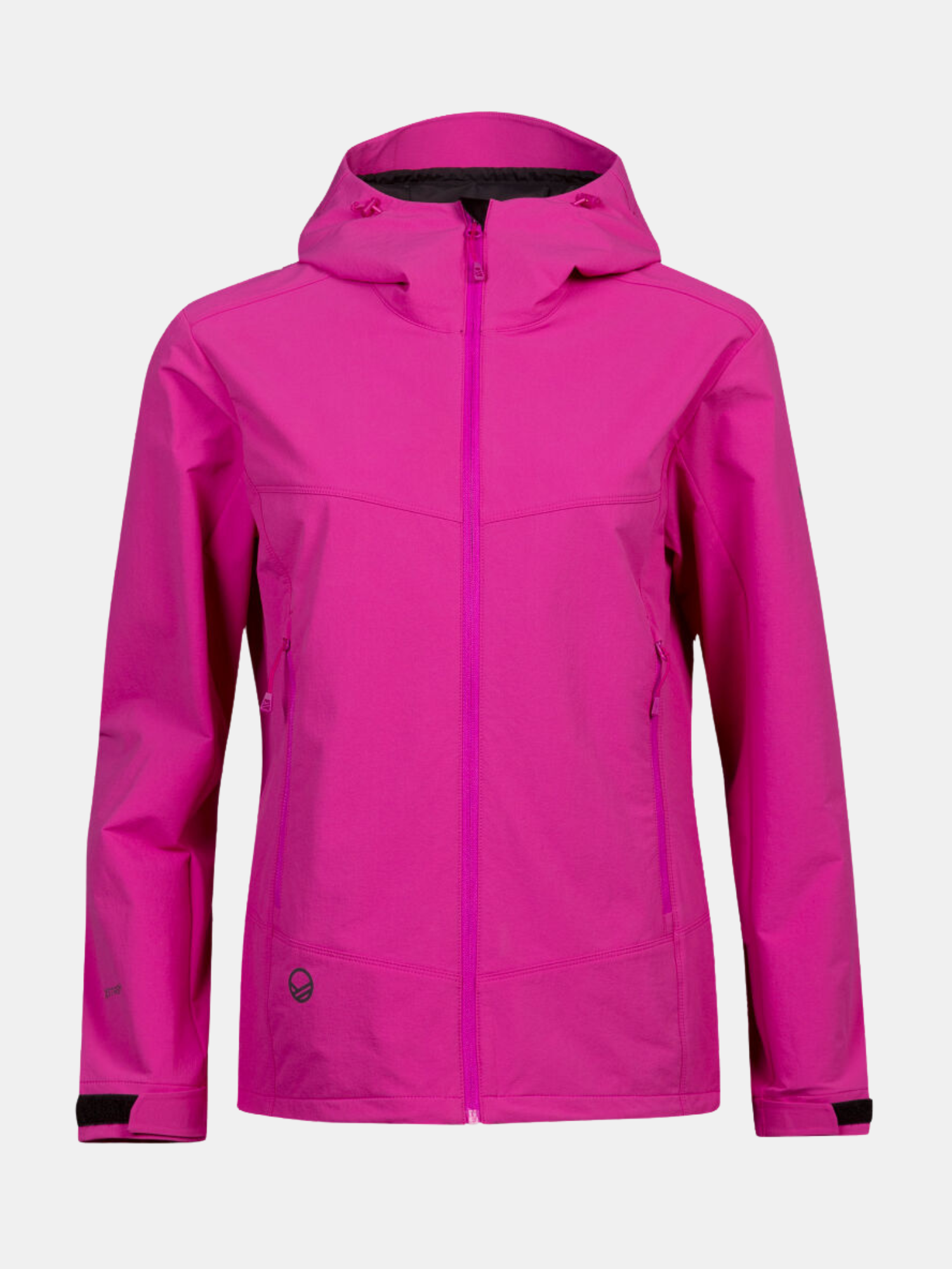 Halti Pallas Evo Brushed X-Stretch Jacke Plus Damen in leuchtendem Pink mit Kapuze, Reißverschluss vorne und Reißverschlusstaschen.