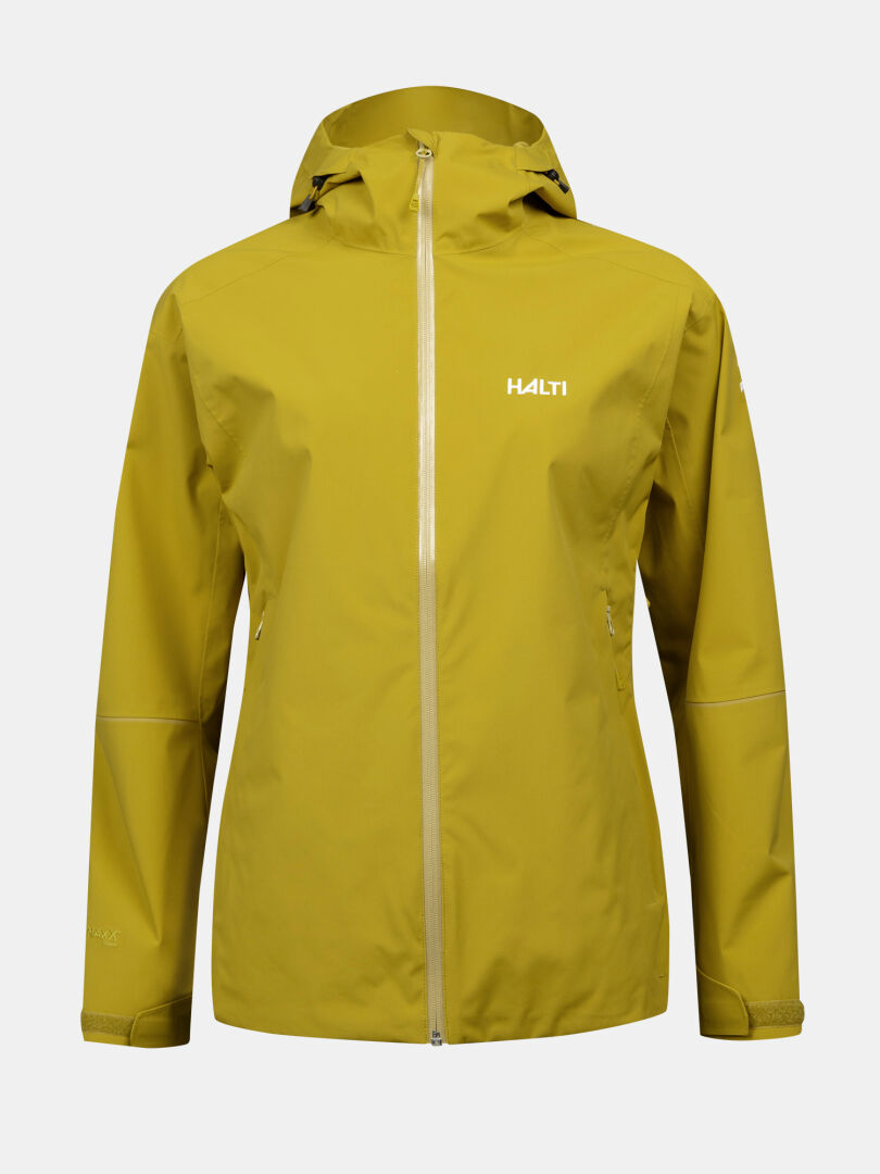 Eine gelbe Halti Staala DX Regenjacke Damen, wasserabweisend mit Frontreißverschluss und Halti-Logo, auf einfarbigem Hintergrund.