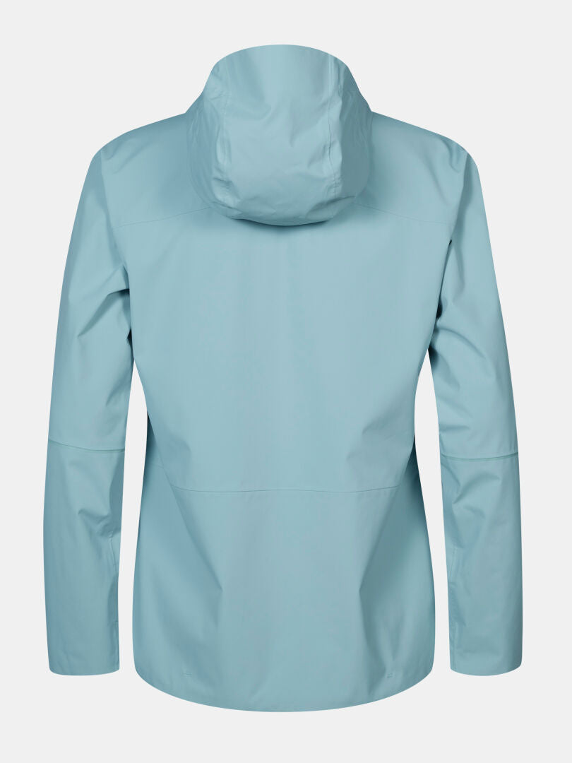Eine hellblaue Halti Staala DX Regenjacke Damen, von hinten gesehen, mit langen Ärmeln - ideal für den Außeneinsatz.