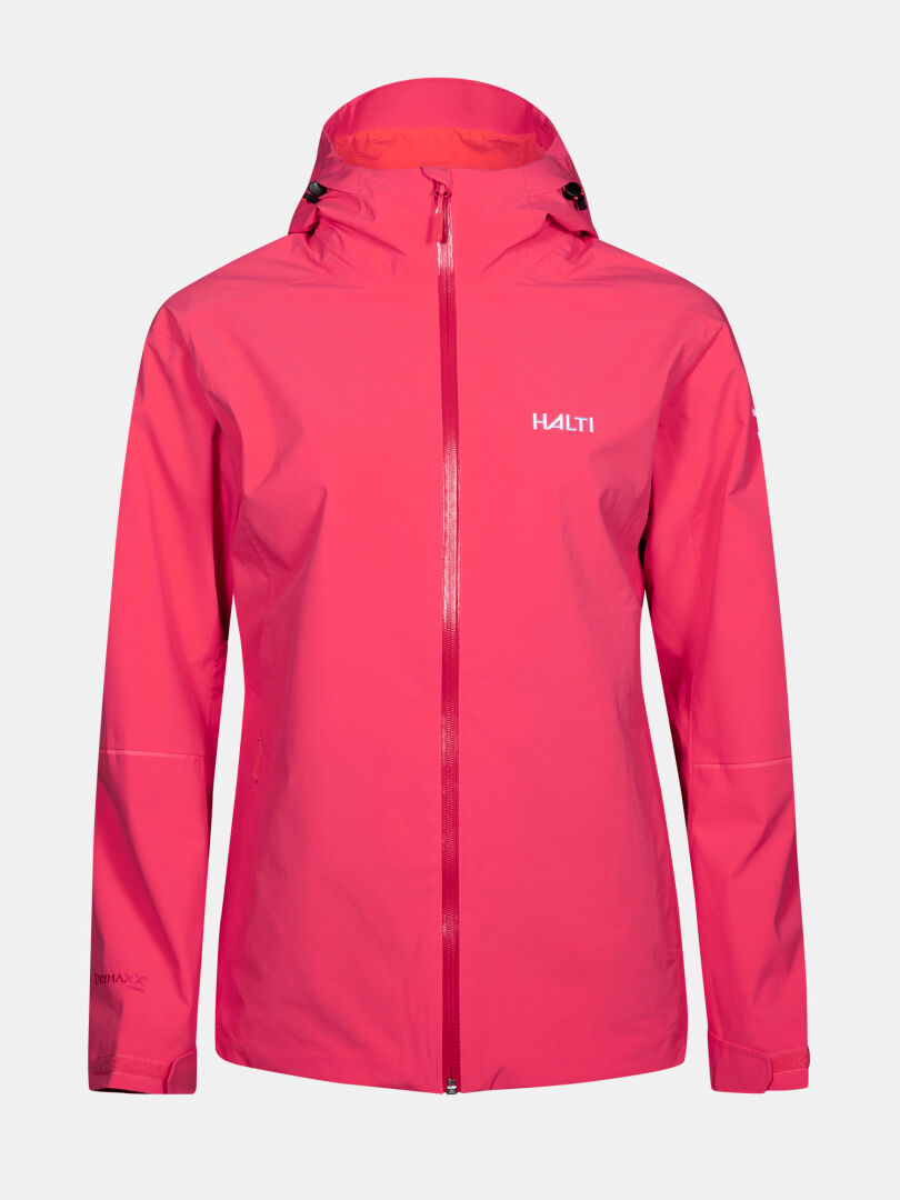 Eine leuchtend pinke Halti Staala DX Regenjacke Damen mit Kapuze, Reißverschluss, und Brustlogo; wasserabweisend.