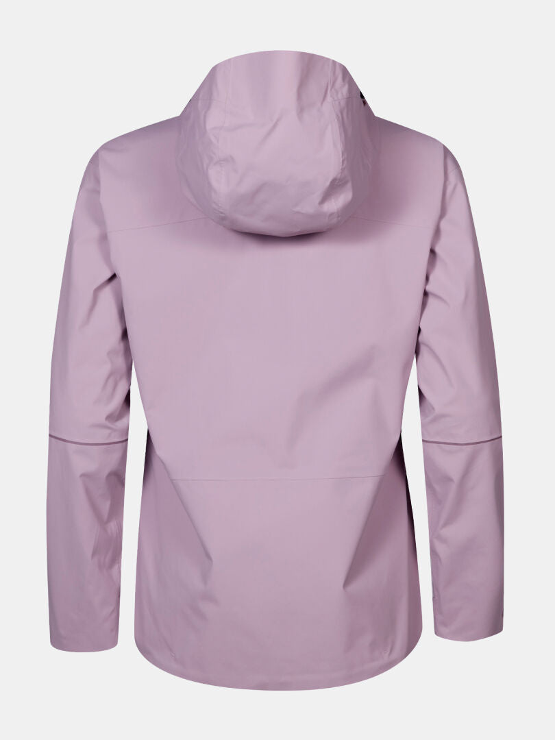 Rückenansicht der Halti Staala DX Regenjacke Damen, einer hellvioletten, wasserdichten Jacke mit langen Ärmeln auf Weiß.