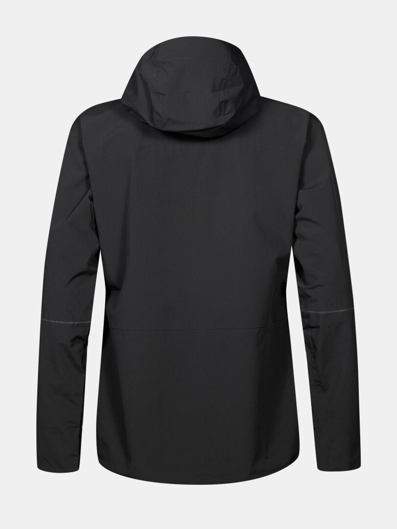 Rückansicht der Halti Staala DX Regenjacke Damen Plus, einer schwarzen, wasserdichten Jacke, ideal für Outdoor-Trekking.