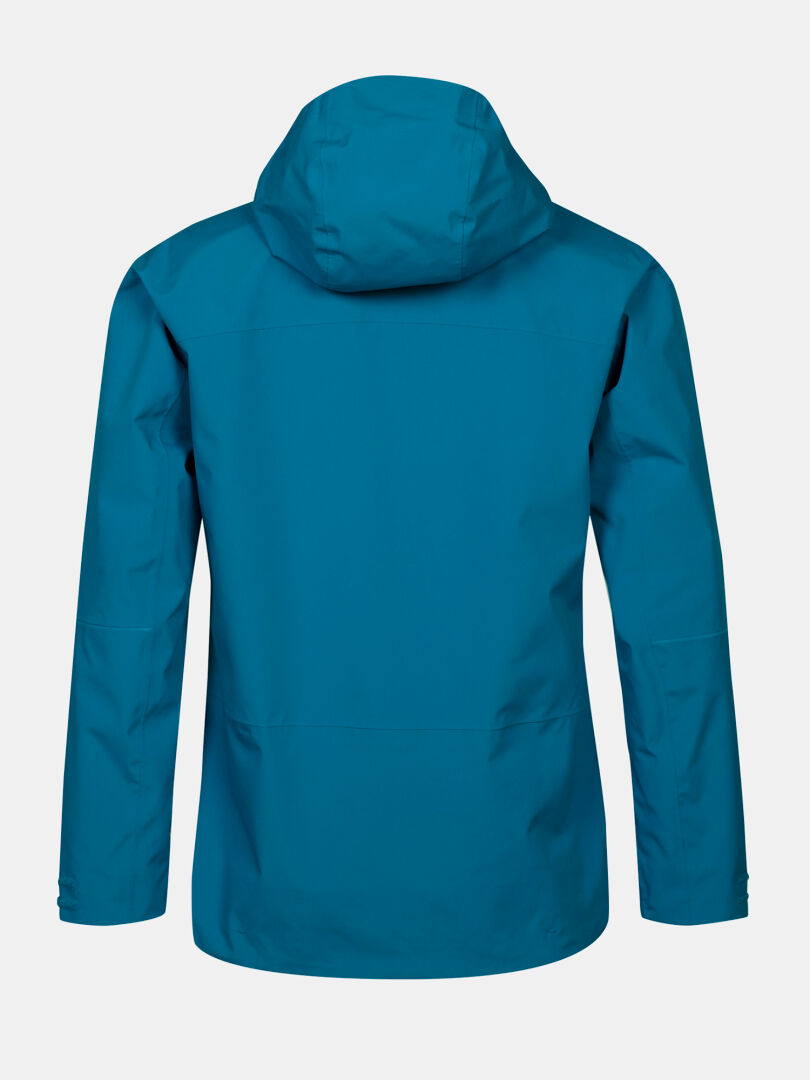 Eine blaue Halti Staala DX Regenjacke Herren für Outdoor-Abenteuer ist von hinten auf einem schlichten weißen Hintergrund abgebildet.