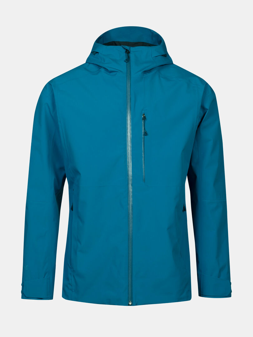 Die Halti Staala DX Regenjacke Herren ist eine blaue, wasserabweisende Jacke mit Kapuze, Reißverschluss und Brusttasche.