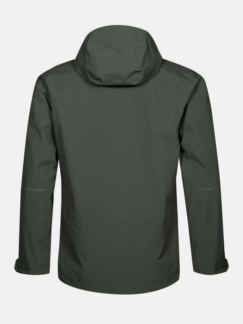 Eine Halti Staala DX Regenjacke Herren in dunkelgrün, von hinten gegen einen schlichten weißen Hintergrund gezeigt.