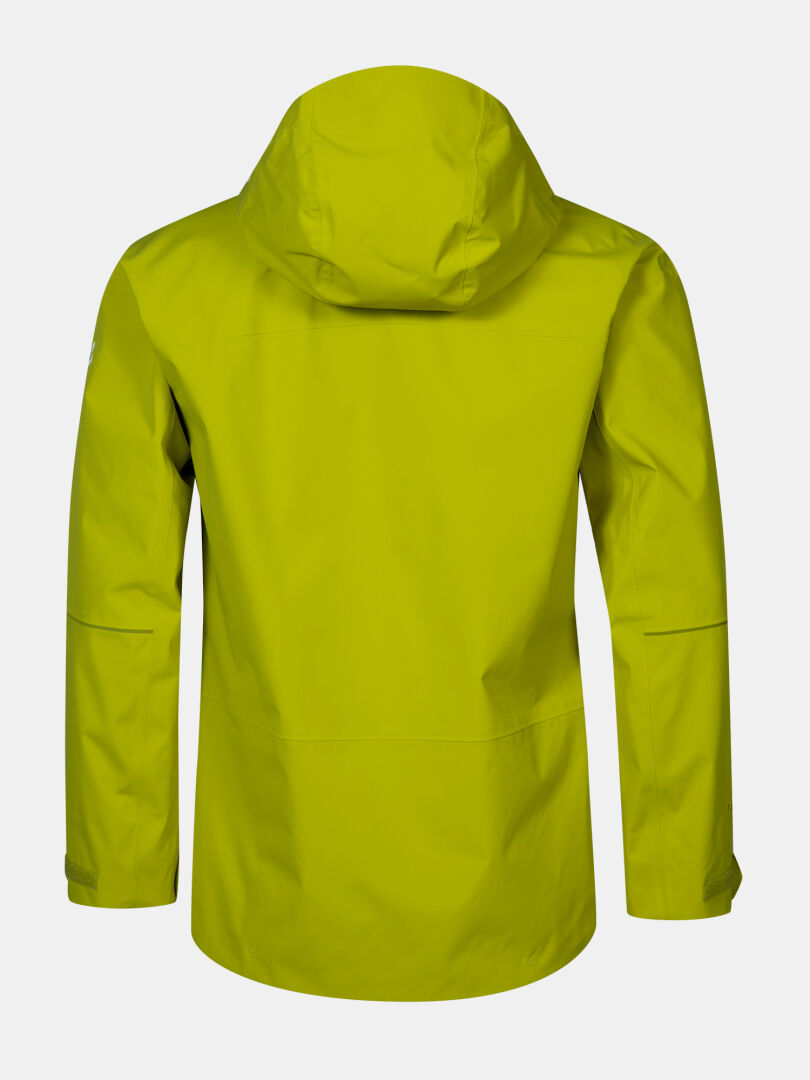 Eine lindgrüne Halti Staala DX Regenjacke Herren ist von hinten auf einem schlichten weißen Hintergrund abgebildet.