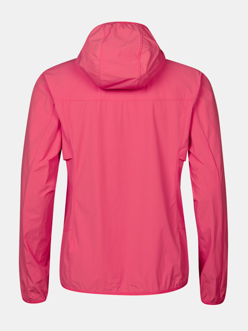 Eine Rückenansicht der Halti Pallas Cool X-stretch Jacke Damen in leuchtendem Pink mit langen Ärmeln, auf weißem Hintergrund.