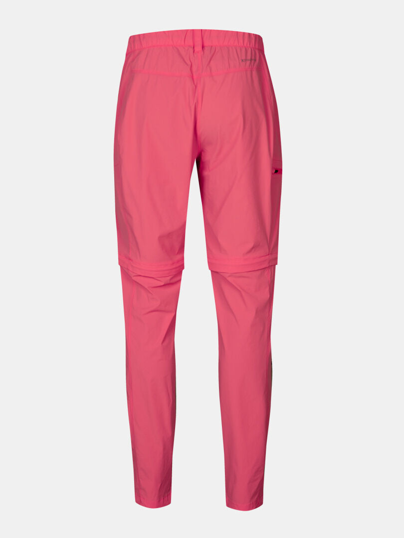 Rückenansicht der Halti Pallas Cool Stretch Zip-off Hosen Damen in hellrosa mit elastischem Bund und rechter Reißverschlusstasche.