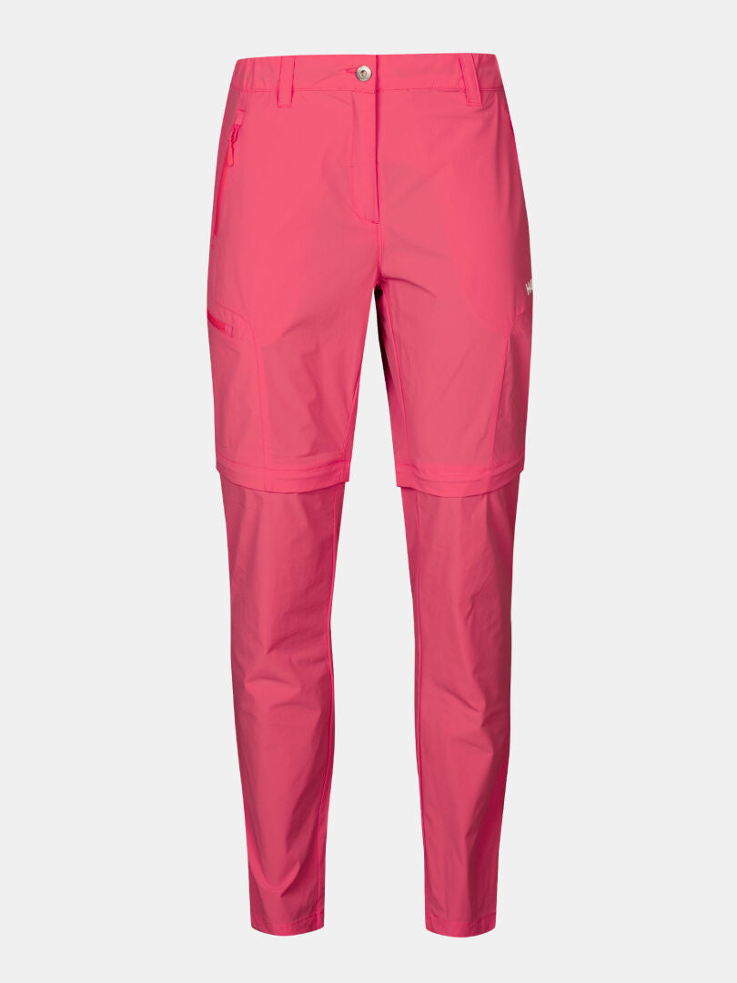 Halti Pallas Cool Stretch Zip-off Hosen Damen in leuchtendem Pink, abgebildet sowohl als Shorts als auch in voller Länge auf weißem Hintergrund.