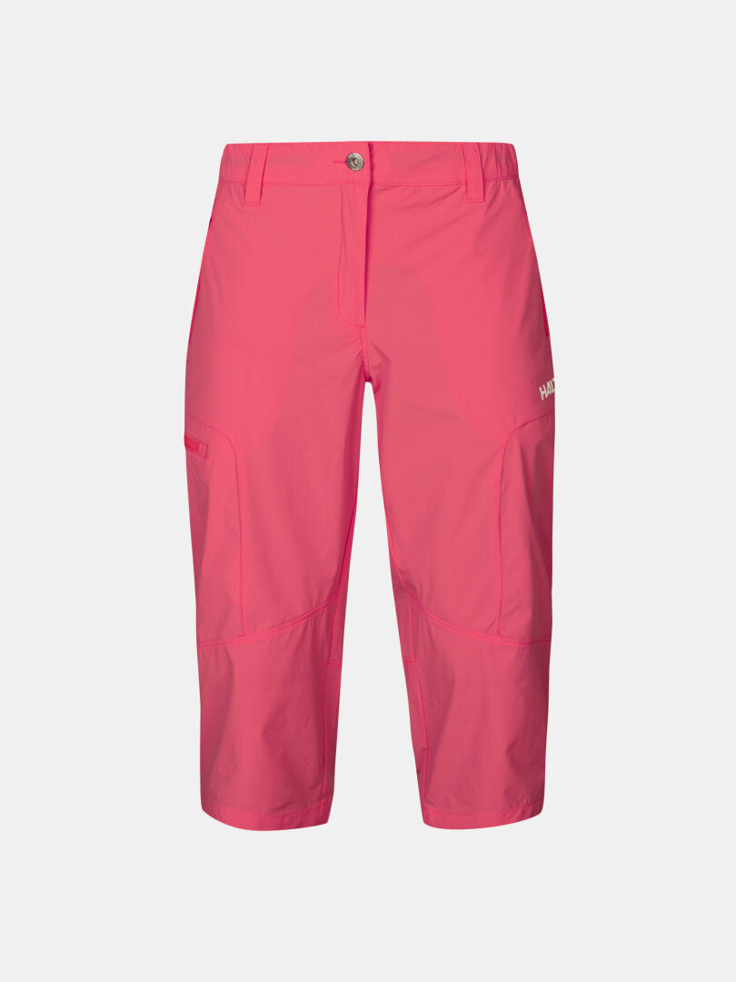 Halti Pallas Cool X-stretch Caprihose Damen in hellrosa, schnelltrocknend, mit Knopfverschluss und Seitentaschen.