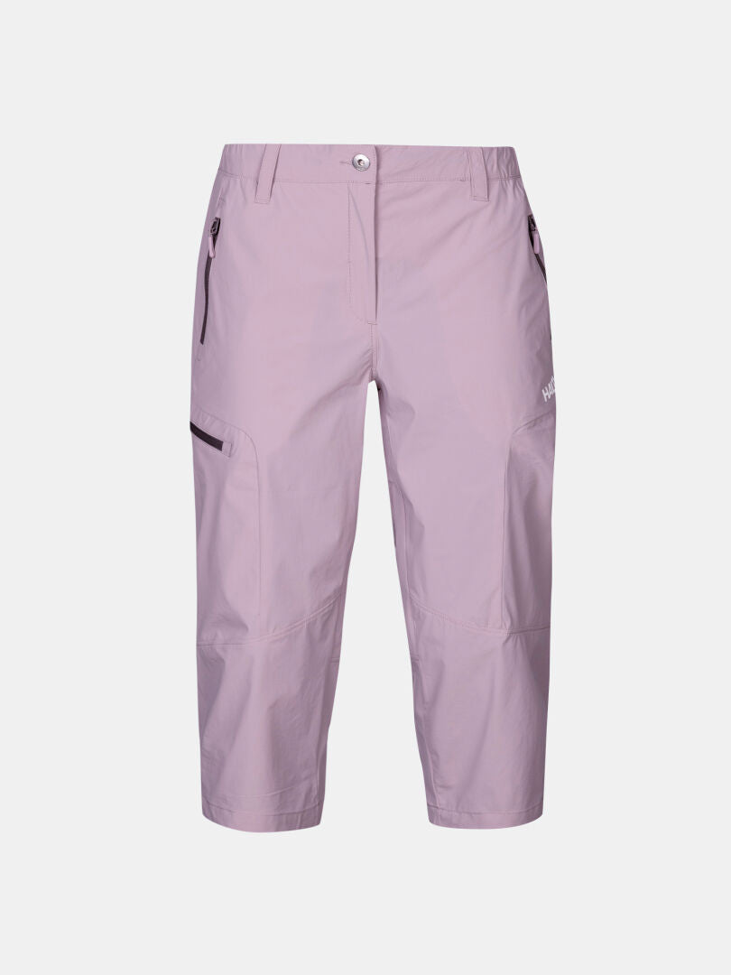 Halti Pallas Cool X-stretch Caprihose Damen in helllila, schnelltrocknend mit Reißverschlusstaschen, auf weißem Grund.
