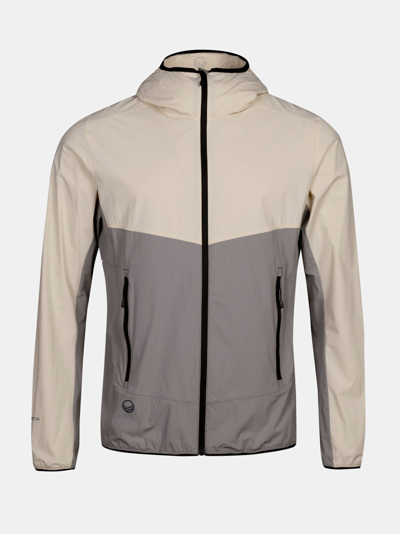 Die Halti Pallas Cool X-Stretch Jacke Herren ist beige/grau mit schwarzem Reißverschluss und zwei Reißverschlusstaschen vorne.