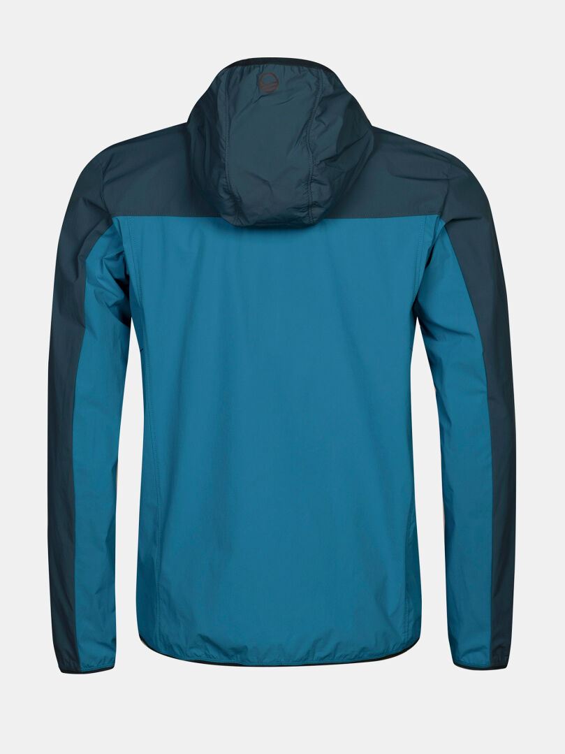 Eine blau/dunkelgraue Halti Pallas Cool X-Stretch Jacke für Herren mit UPF 50+, von hinten auf weißem Hintergrund gezeigt.