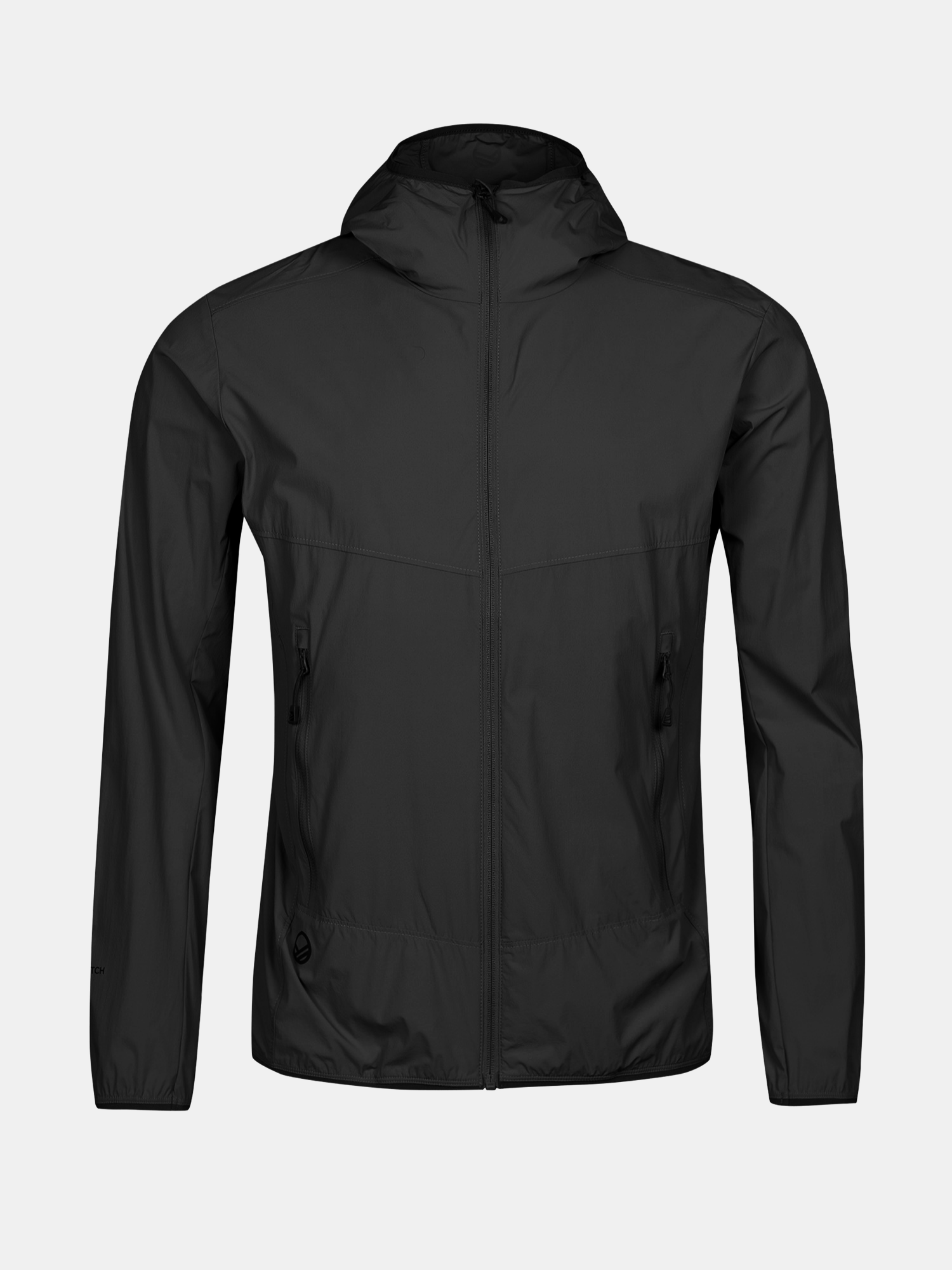 Eine schwarze Halti Pallas Cool X-Stretch Jacke für Herren mit LSF 50+, Reißverschlusstaschen und einer Kapuze auf einfarbigem Hintergrund.