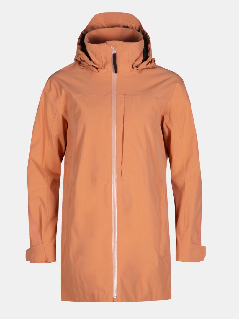 Die Halti Kallas DX Parka Jacke Plus Damen in Rostrot verfügt über eine Kapuze, einen Frontreißverschluss und verstellbare Bündchen.