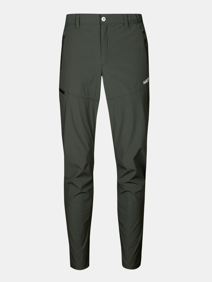 Halti Pallas Cool X-stretch Hosen Herren: dunkelgrau, UPF 90+, Fronttaschen, Knopfverschluss, weißes Oberschenkellogo.