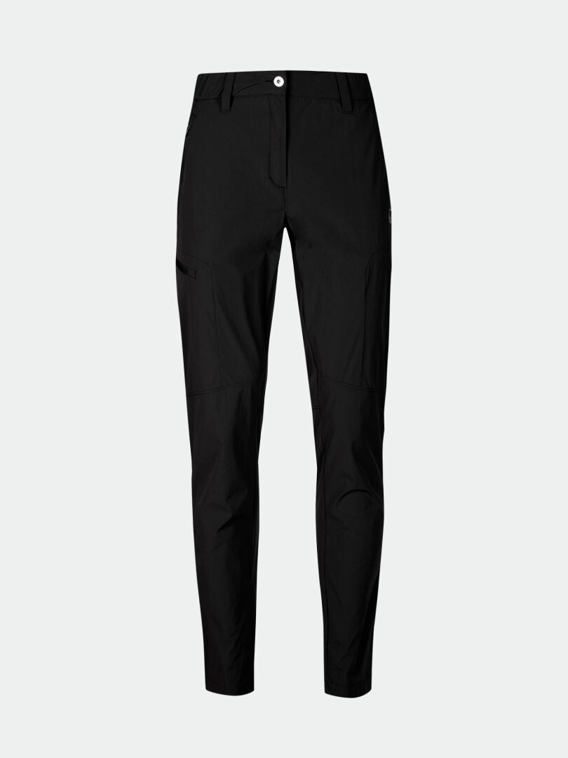 Halti Pallas Cool X-stretch Hosen Damen: schwarze Slim-Fit-Hose mit Knopfverschluss vorne und Seitentaschen.
