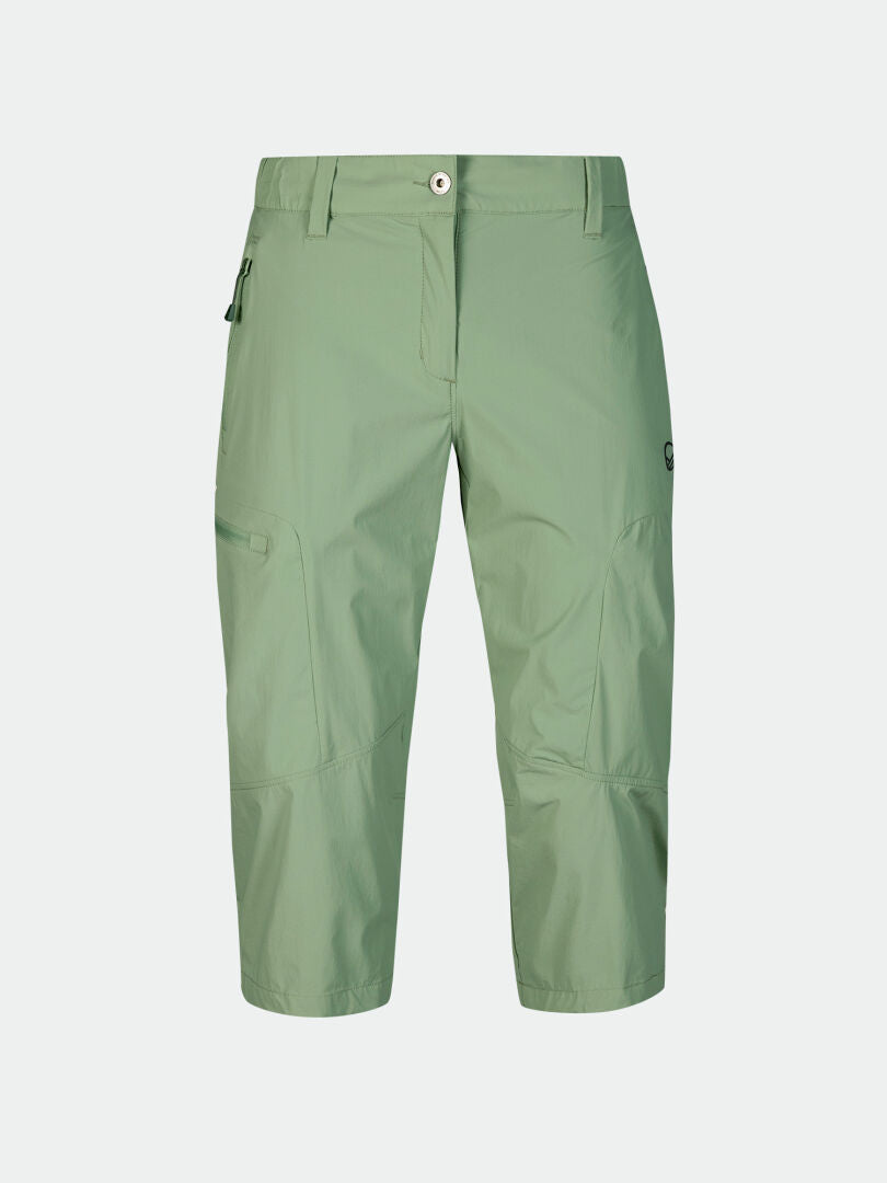 Halti Pallas Cool X-Stretch Caprihose Damen Plus in Hellgrün mit Feuchtigkeitsmanagement, Knopfleiste vorne und Seitentasche.