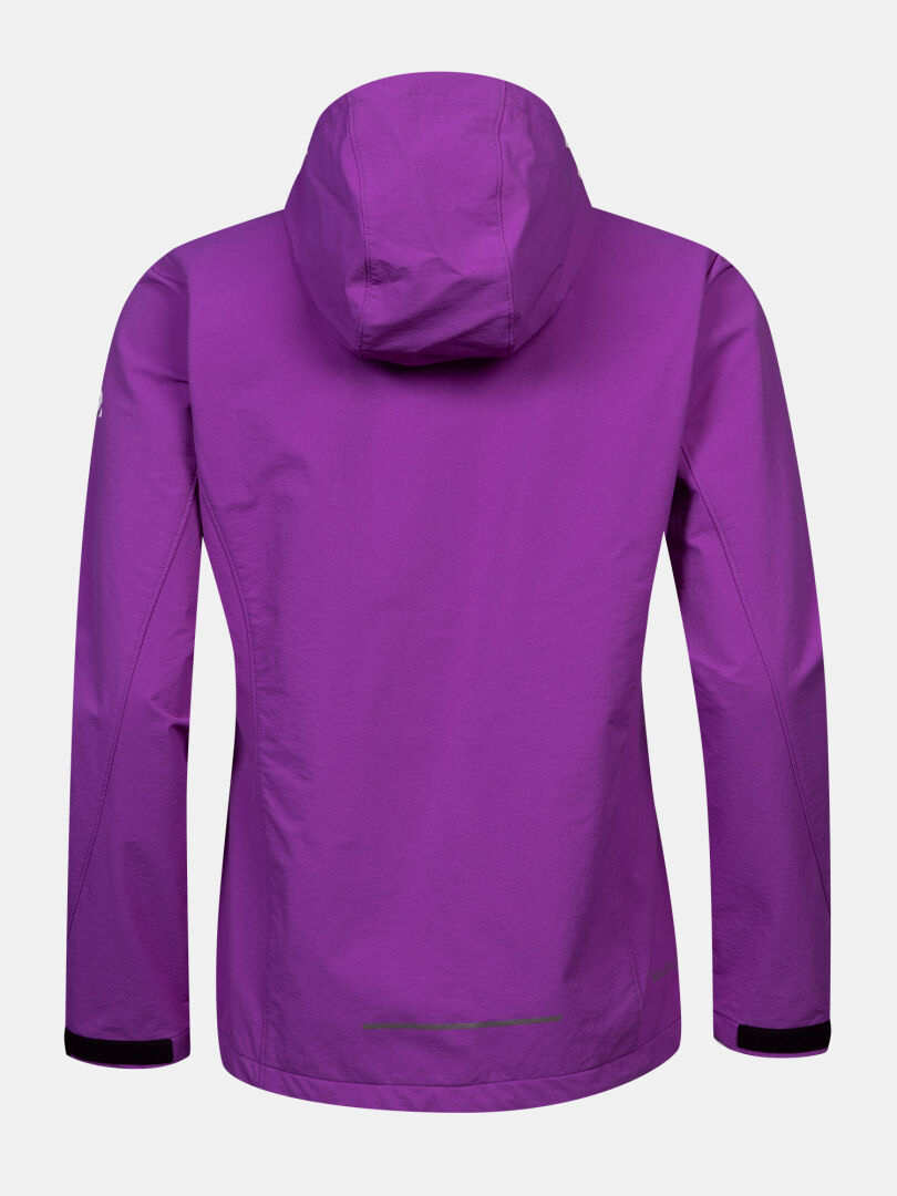 Die Halti Finholma X-Stretch-Jacke für Damen in Lila ist hier von hinten zu sehen – mit winddichtem Stretchmaterial und verstellbaren Ärmelbündchen.