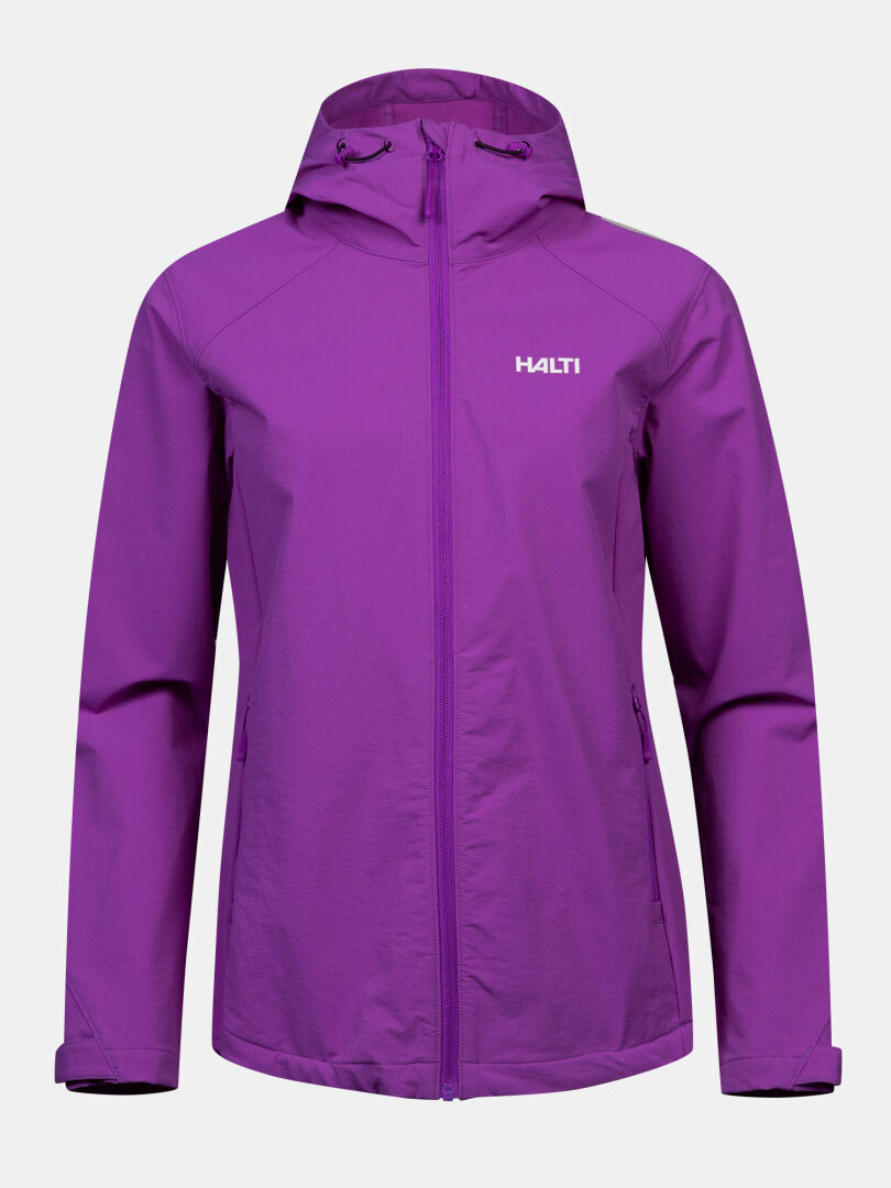 Eine violette Halti Finholma X-Stretch-Damenjacke mit Frontreißverschluss, zwei Taschen und winddichtem Stretchmaterial.