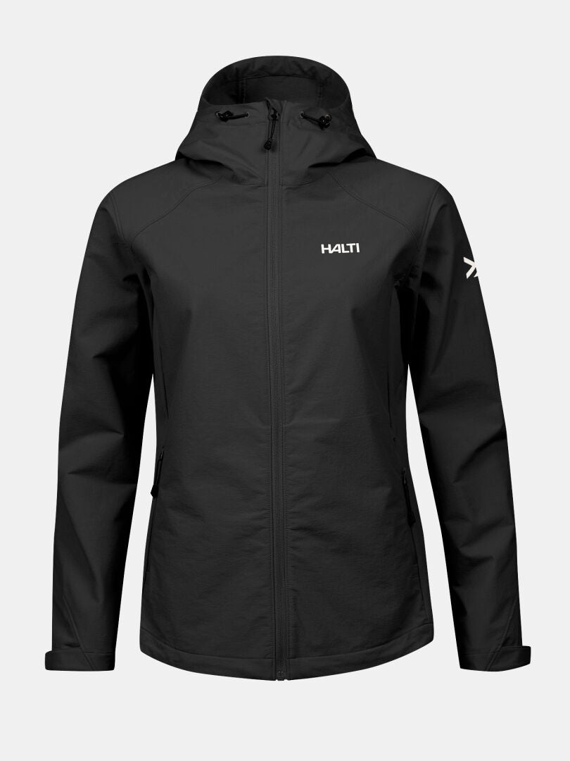 Halti Finholma X-stretch Damenjacke, schwarz, winddicht, 2 Taschen, Frontzipper, ideal für Outdoor. Logo auf Brust/Arm.