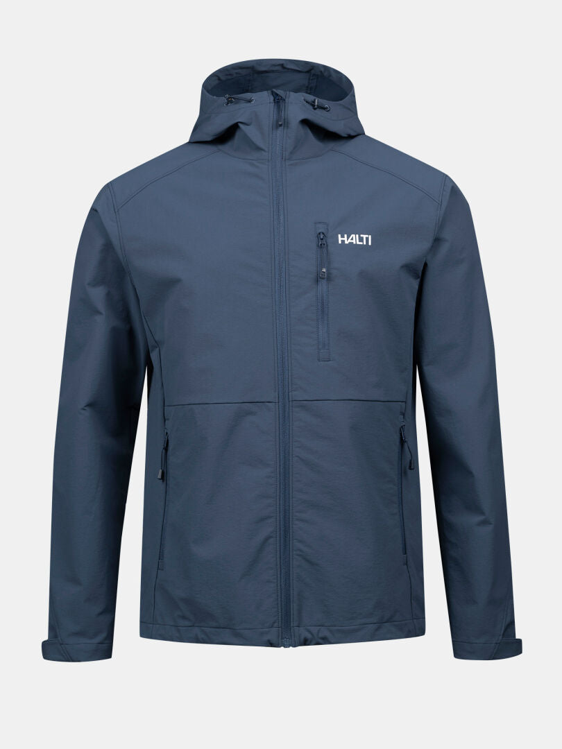 Die Halti Finholma X-Stretch Jacke Herren ist blau, winddicht, dehnbar, mit Reißverschluss und Brustlogo für den Outdoor-Einsatz.