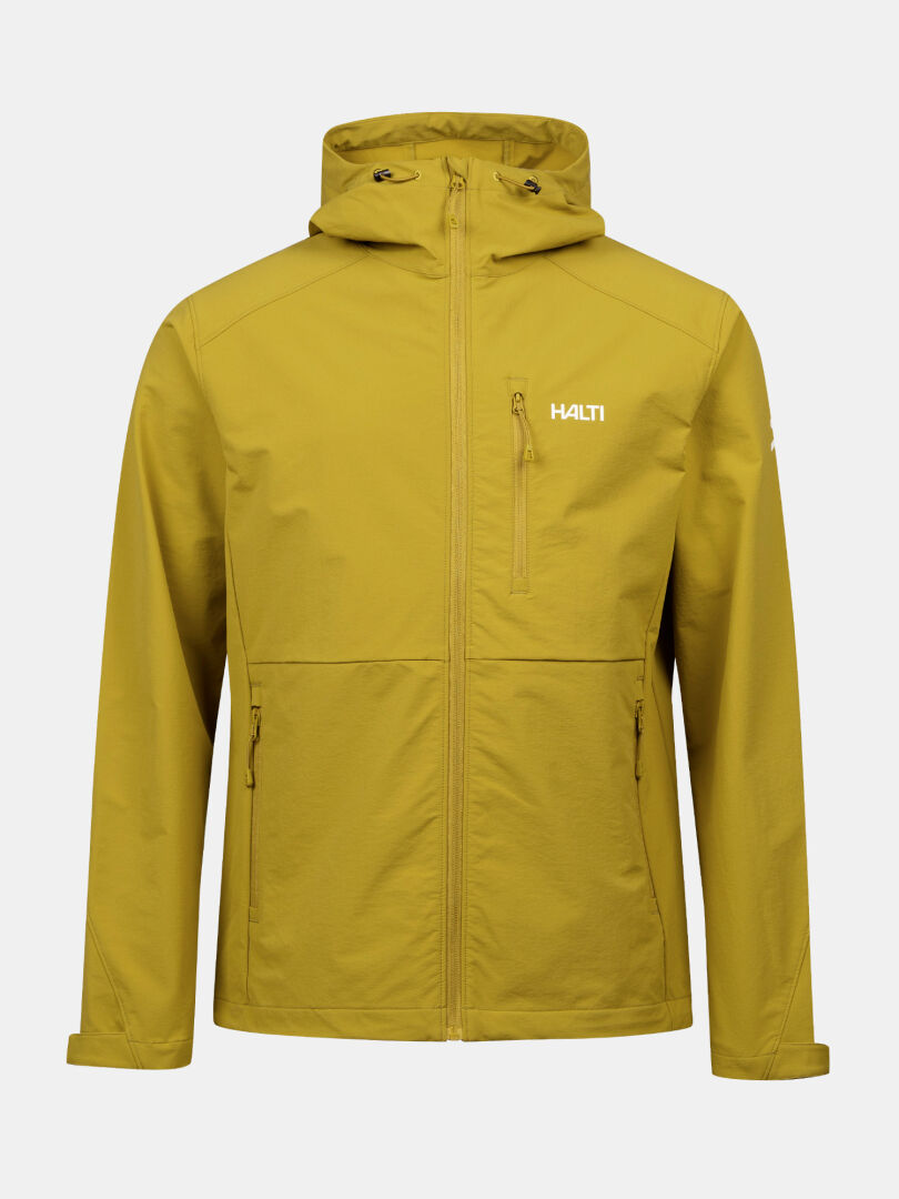 Die Halti Finholma X-Stretch Jacke Herren ist gelb mit winddichtem Stretch, Frontreißverschluss, Brusttasche und Halti Logo.