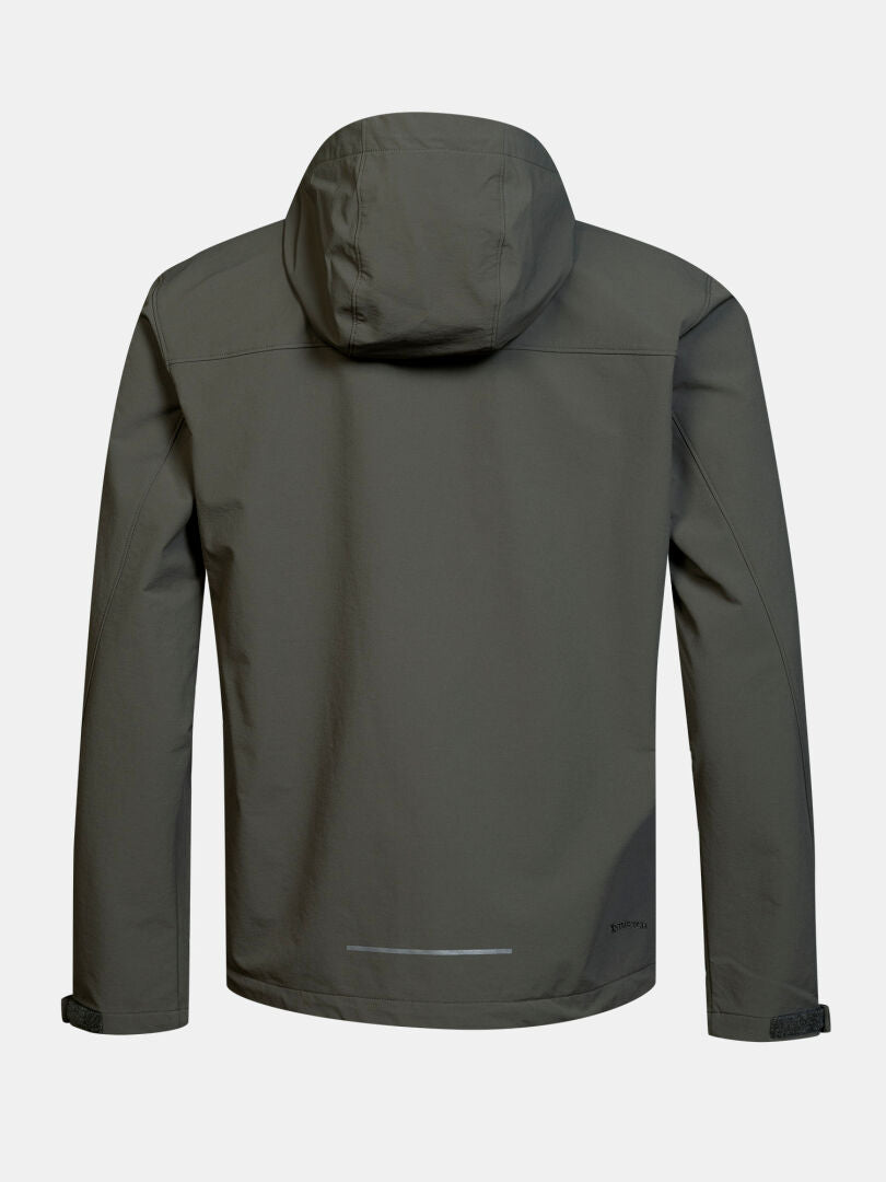 Rückansicht der Halti Finholma X-Stretch-Jacke für Herren, dunkelgrau, lange Ärmel, verstellbare Ärmelbündchen, winddichtes Stretchmaterial.