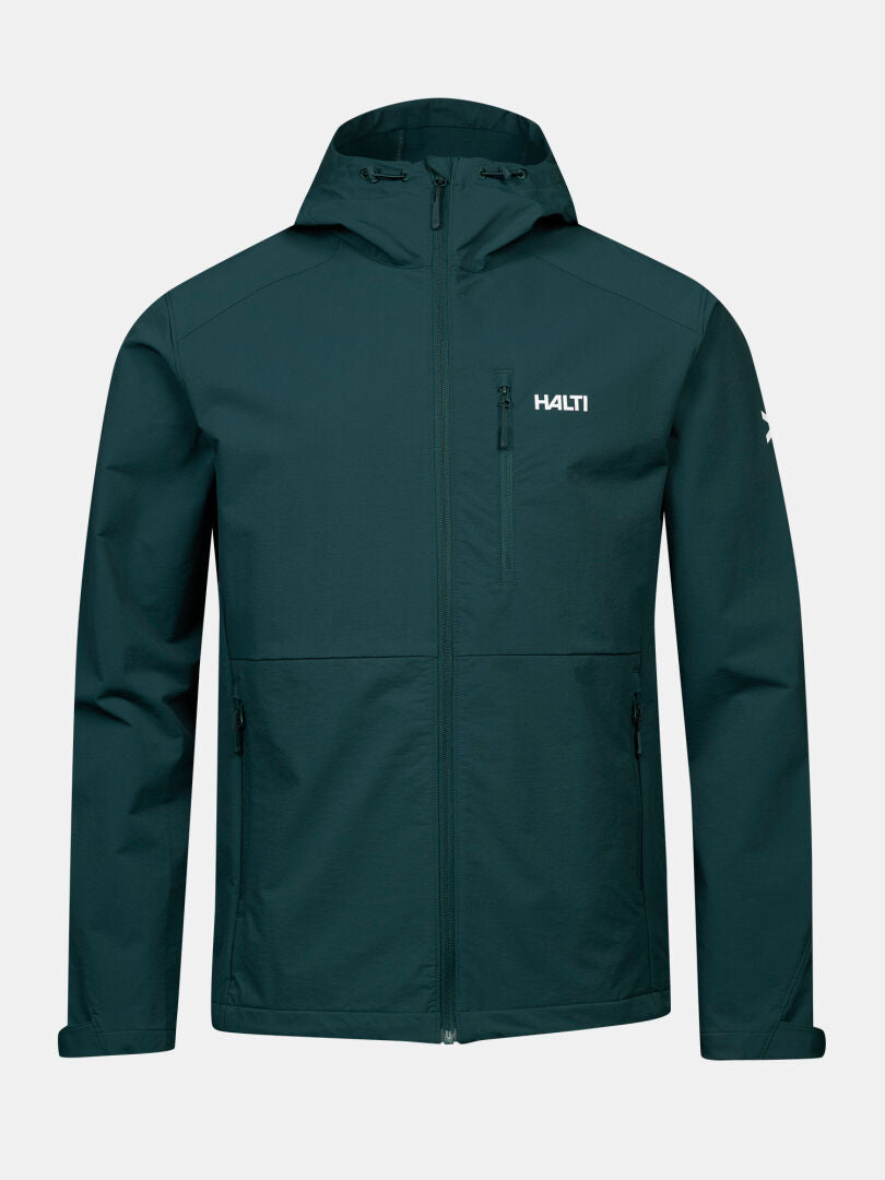 Halti Finholma X-Stretch-Jacke für Herren: mit Kapuze, winddichtes Stretchmaterial, Reißverschluss vorne, Logos auf der Brust und am linken Ärmel.