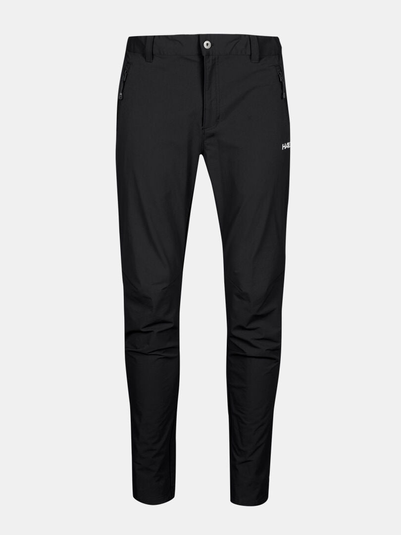 Halti Finholma X-stretch Hosen Herren, schwarz slim-fit mit Reißverschlusstaschen und Gürtelschlaufen, abgebildet auf weißem Grund.