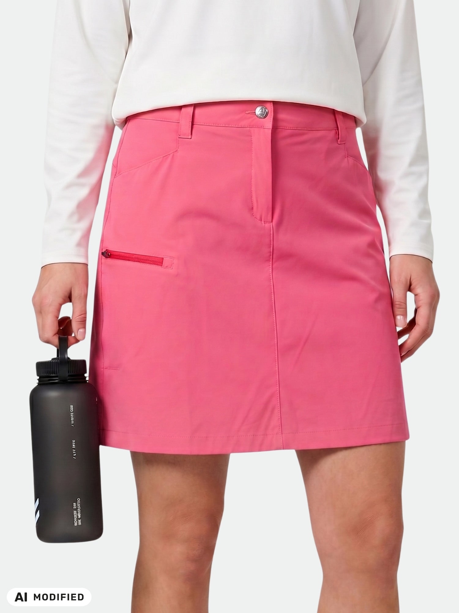 Eine Person in einer „Pallas Cool Rock Damen“-Jacke von Halti und einem weißen Oberteil, die eine schwarze Wasserflasche in der Hand hält – ideal für Sommerspaß.