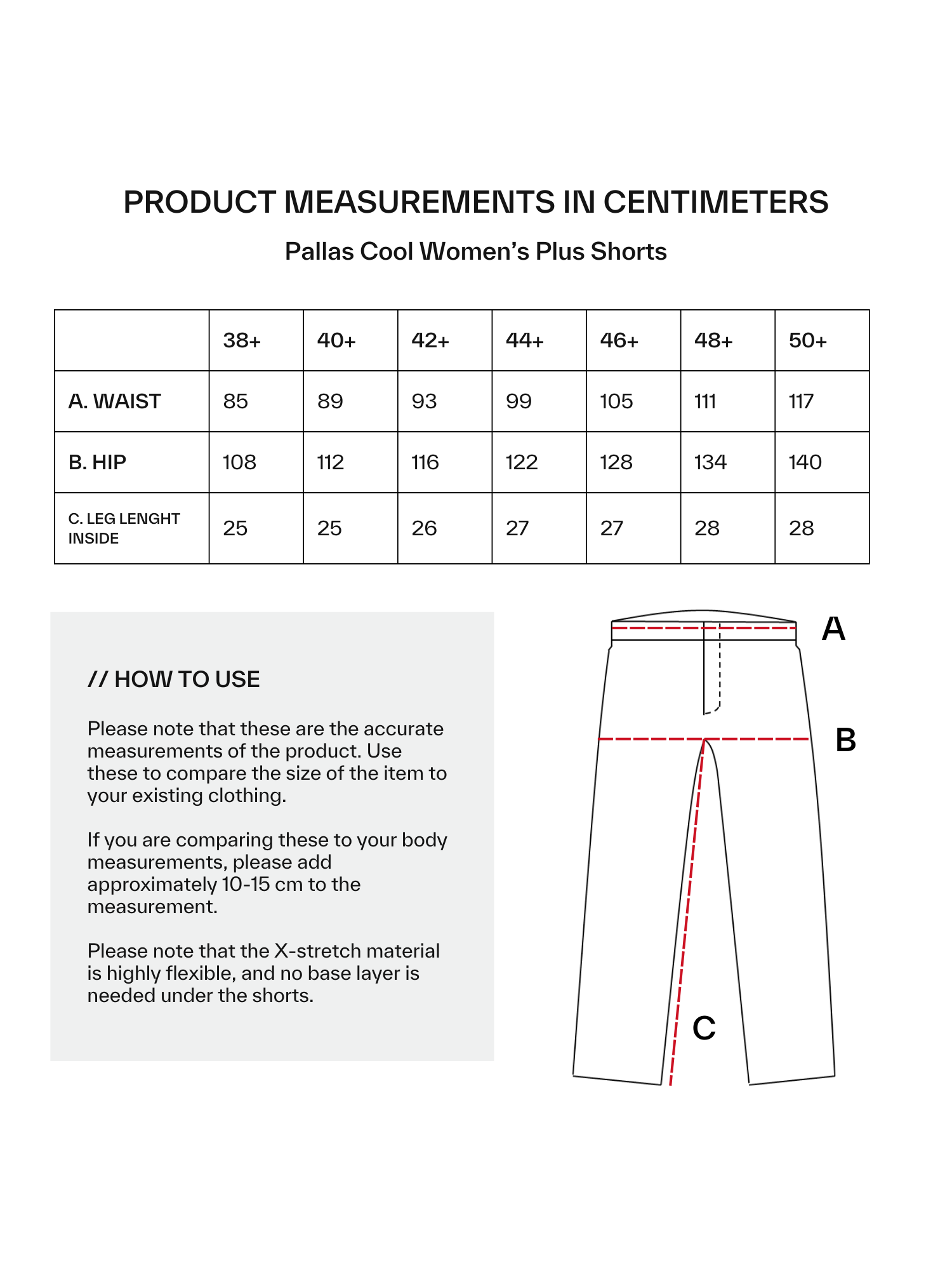 Größentabelle und Leitfaden für Halti Pallas Cool Shorts Damen Plus mit Dry Quick-Stretchgewebe und UPF 90+ Sonnenschutz.