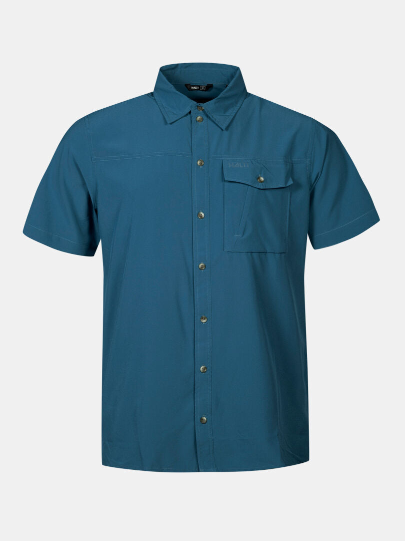 Das Halti Samoy Funktionshemd Herren ist ein tealfarbenes Kurzarm-T-Shirt mit schnelltrocknendem Stoff und UPF 90+.