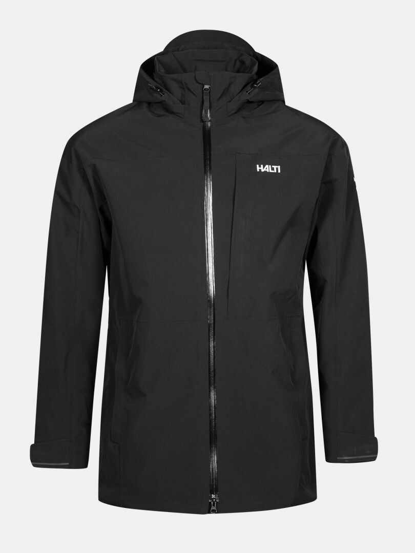 Eine schwarze Valaja DX Parkajacke Herren von Halti mit Kapuze, Frontreißverschluss und Logo, abgebildet auf einem einfarbigen Hintergrund.