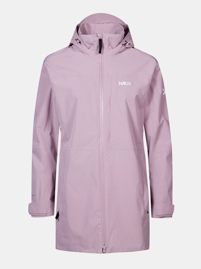 Die Halti Valaja DX Parka Jacke Damen Plus ist helllila, wasserdicht, mit Frontreißverschluss, langen Ärmeln und Logodetails.