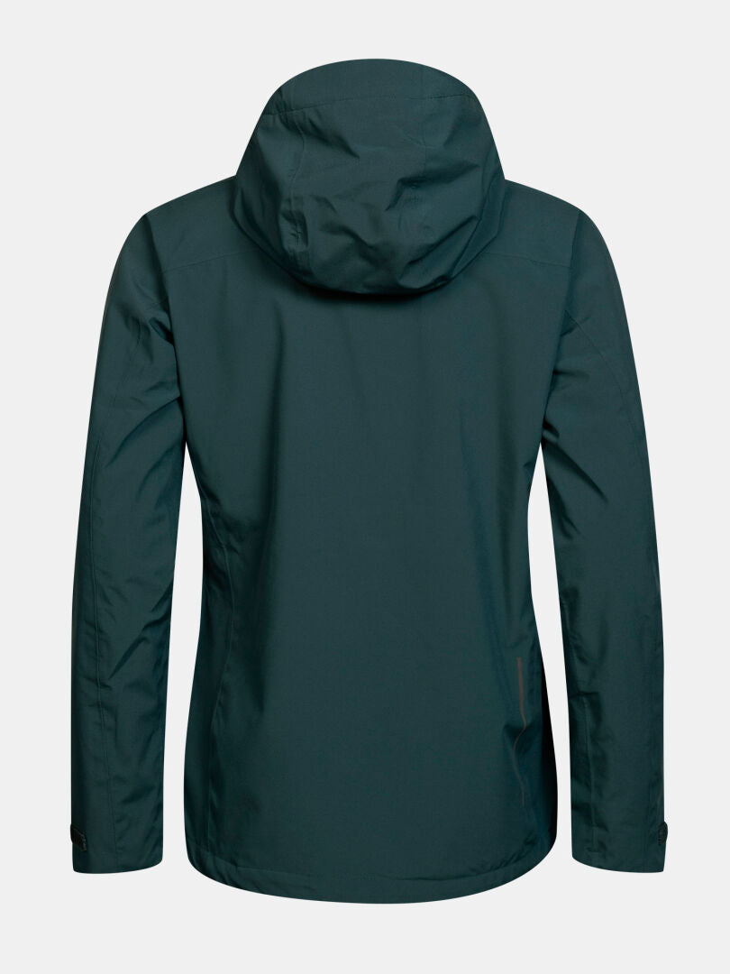 Halti Kaltimo DX Regenjacke für Damen in Dunkelgrün, sportliche Passform, Rückansicht vor weißem Hintergrund.