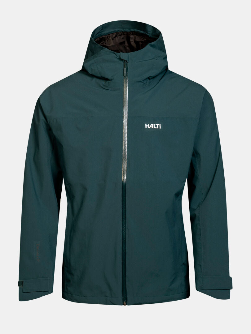 Dunkelgrüne Kaltimo DX-Regenjacke für Herren von Halti mit Reißverschluss vorne und Logo, vor neutralem Hintergrund.