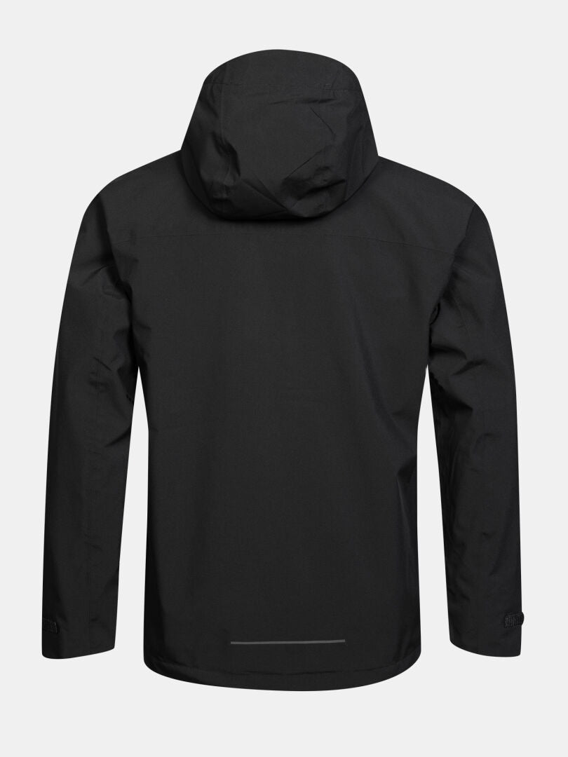 Rückansicht der Halti Kaltimo DX Herren-Regenjacke mit Kapuze und langen Ärmeln vor grauem Hintergrund.