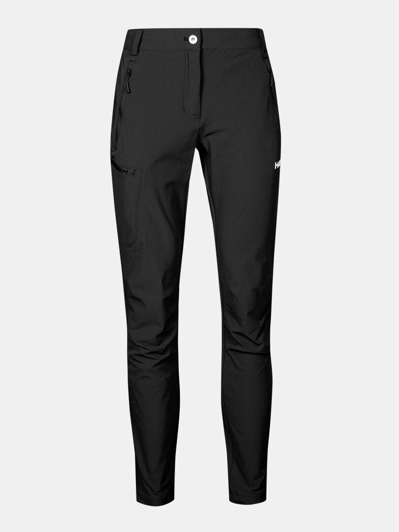 Halti Pallas X-stretch Hose Damen: Schwarze Slim-Fit-Hose mit Reißverschlusstaschen und Knopfverschluss auf hellem Grund.