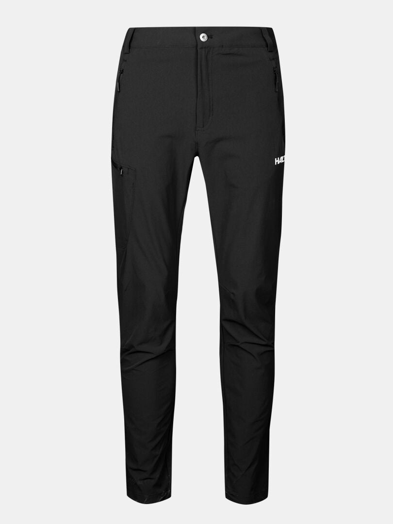 Halti Pallas X-stretch Hose Herren: schwarze sportliche Outdoor-Hose mit Reißverschlusstaschen und Knopfverschluss auf weißem Grund.