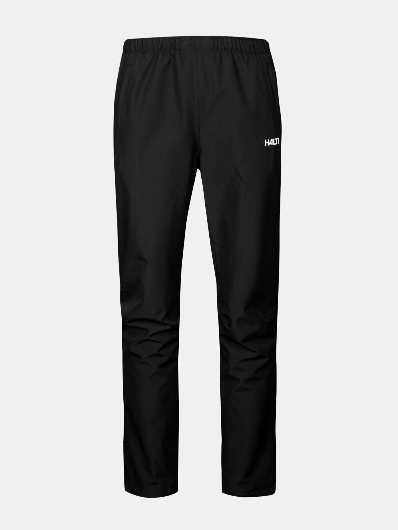 Halti Forter Short DX Regenhose Herren in schwarz mit elastischem Bund, wasserdicht, und einem weißen Logo auf dem linken Oberschenkel.