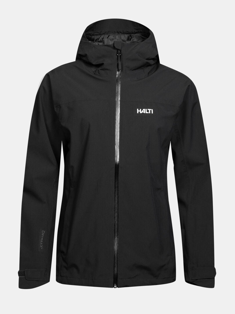 Halti Kaltimo DX Jacke Damen Plus: schwarz, mit Kapuze, Reißverschluss vorne, Halti-Logo; abgebildet auf einfarbigem, hellem Hintergrund.
