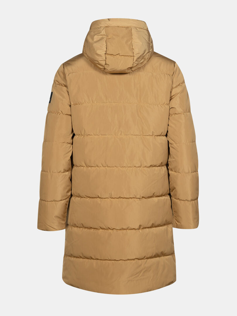 Halti Linjat Parkajacke Damen in Tan mit horizontaler Steppung, langen Ärmeln und einer Kapuze, von hinten gesehen.