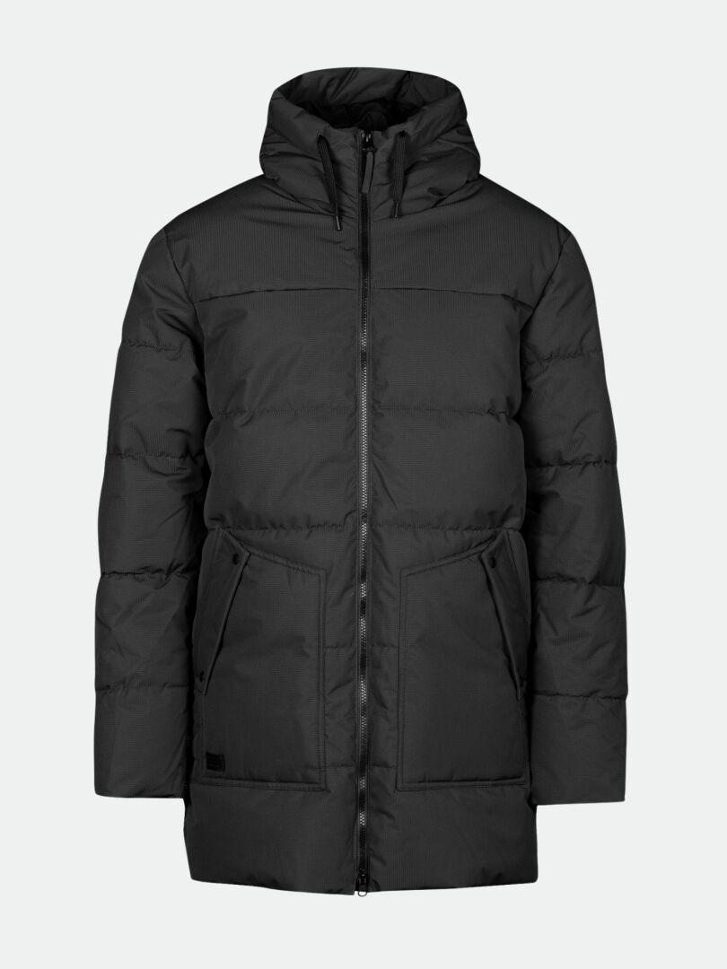 Eine schwarze Halti Linjat Parka Jacke Herren mit Thermofill-Isolierung, Frontreißverschluss, zwei Taschen und einer Kapuze.