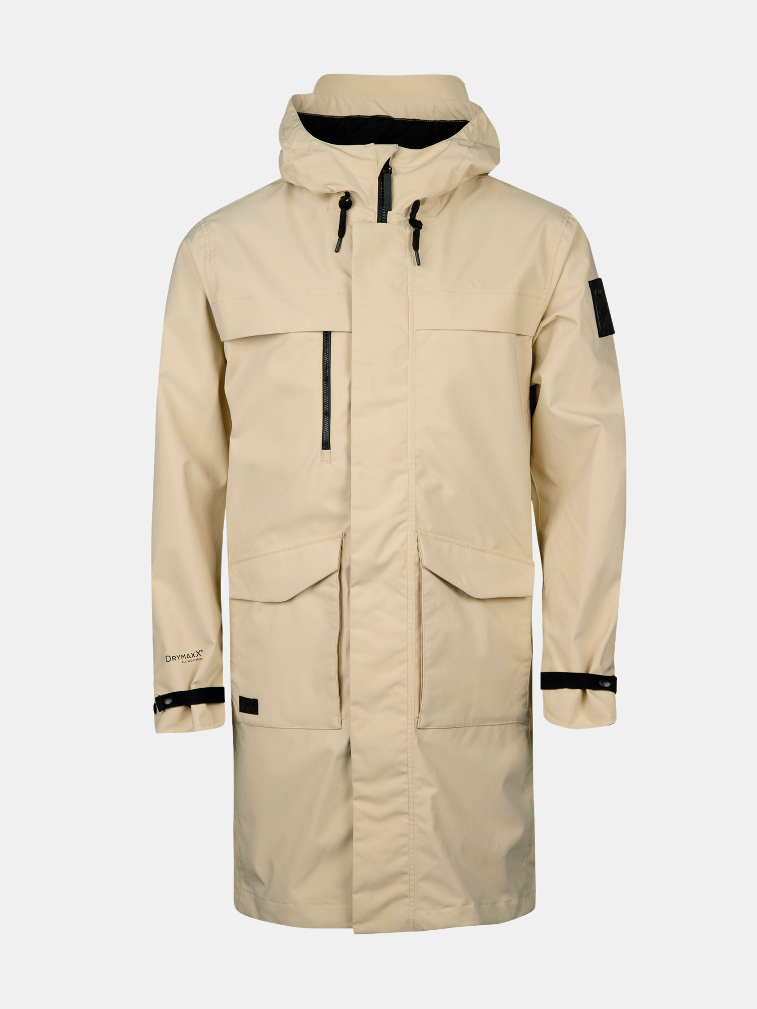 Halti Tokoi Herren DrymaxX Parka Jacke: beige, mit Kapuze, schwarzen Reißverschlüssen und Fronttaschen.