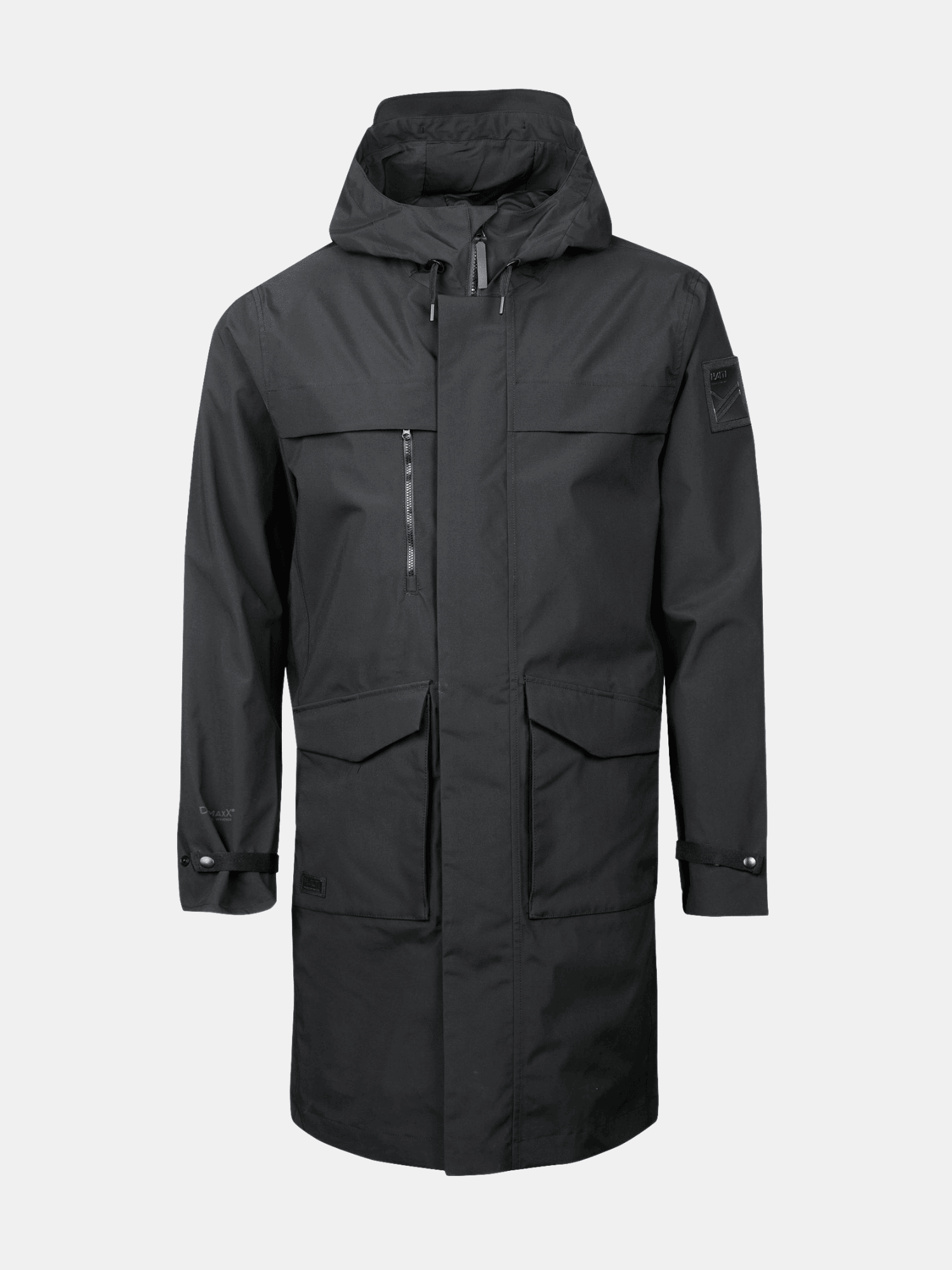 Halti Tokoi Herren DrymaxX Parka Jacke: langer schwarzer Parka mit Kapuze, Reißverschluss, Pattentaschen und Brusttasche mit Reißverschluss.