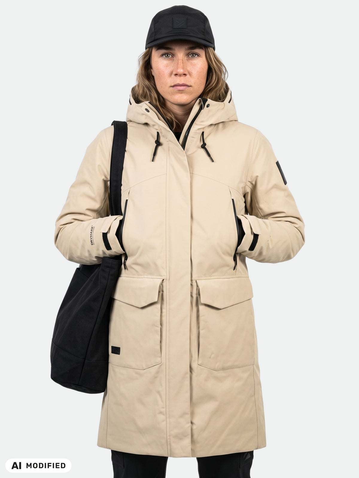 Eine Frau in einem beigen Halti Bergga DX Winterparka mit reflektierenden Details, einer schwarzen Mütze und einer schwarzen Umhängetasche blickt nach vorne.