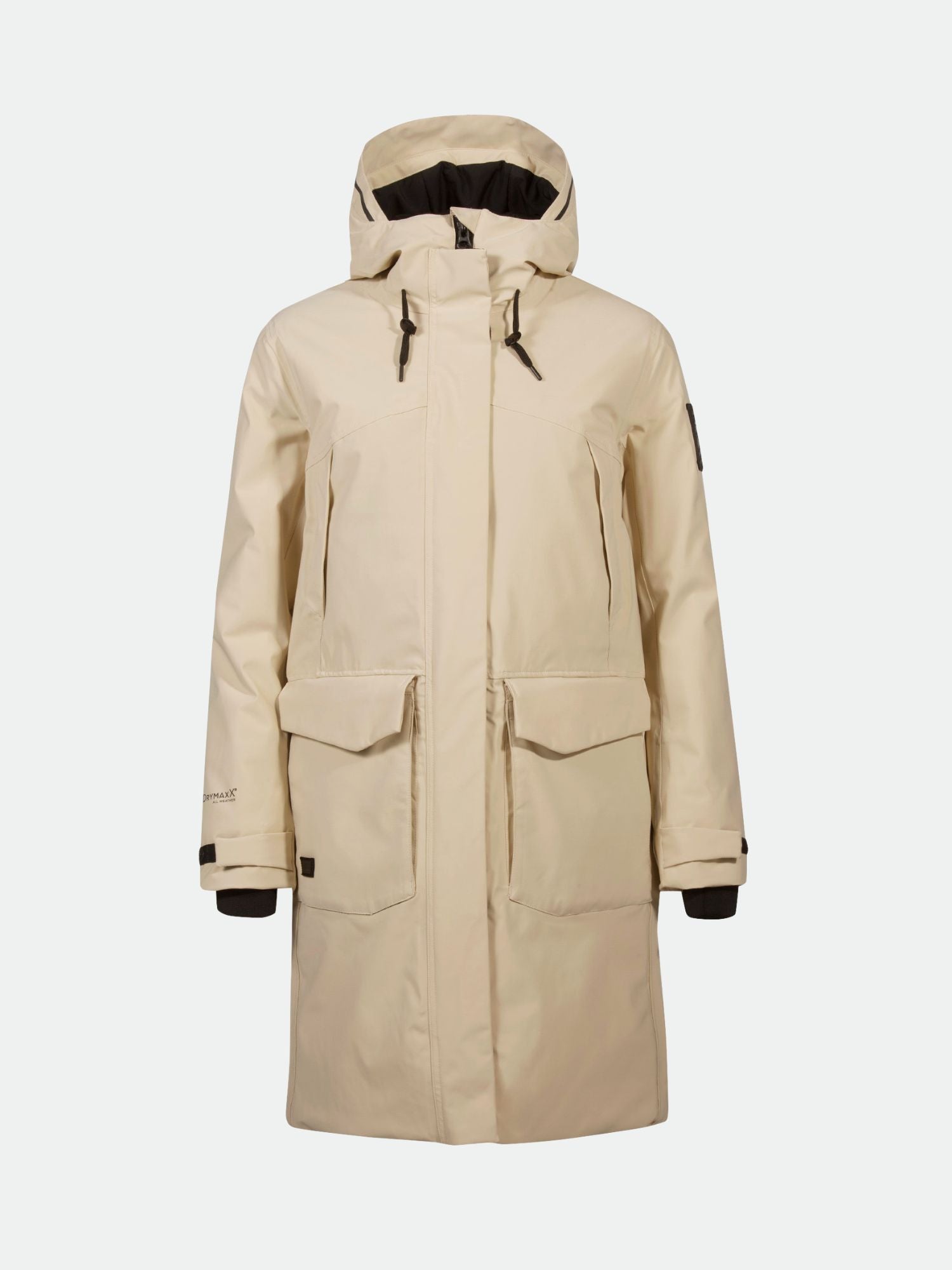 Die Halti Bergga DX Winter Parka Damen in Beige mit Kapuze, Fronttaschen und verstellbaren Bündchen.